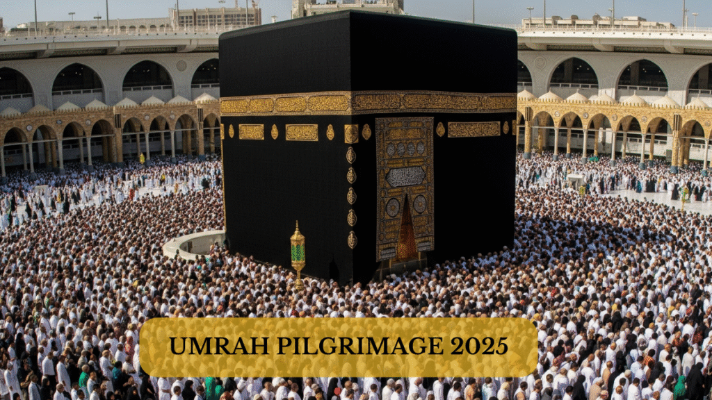 Pilgrims performing tawaf of the Kaaba as part of the Umrah ritual.