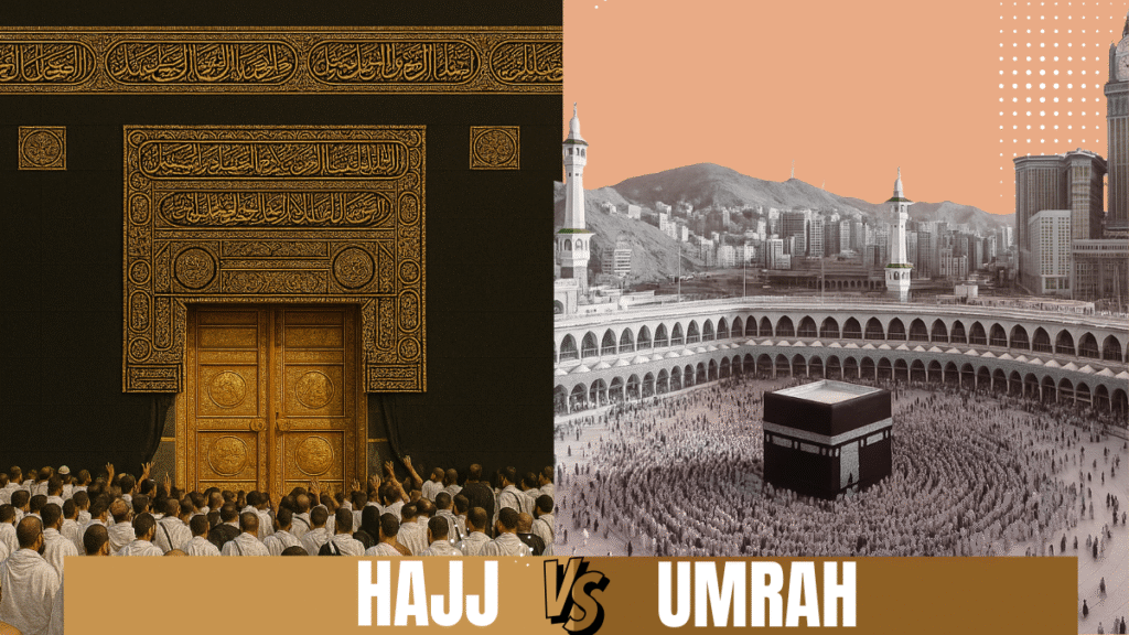 Comparison of Hajj and Umrah — pilgrims at Kaaba door on left, Kaaba with worshippers on right, titled ‘Hajj vs Umrah'.