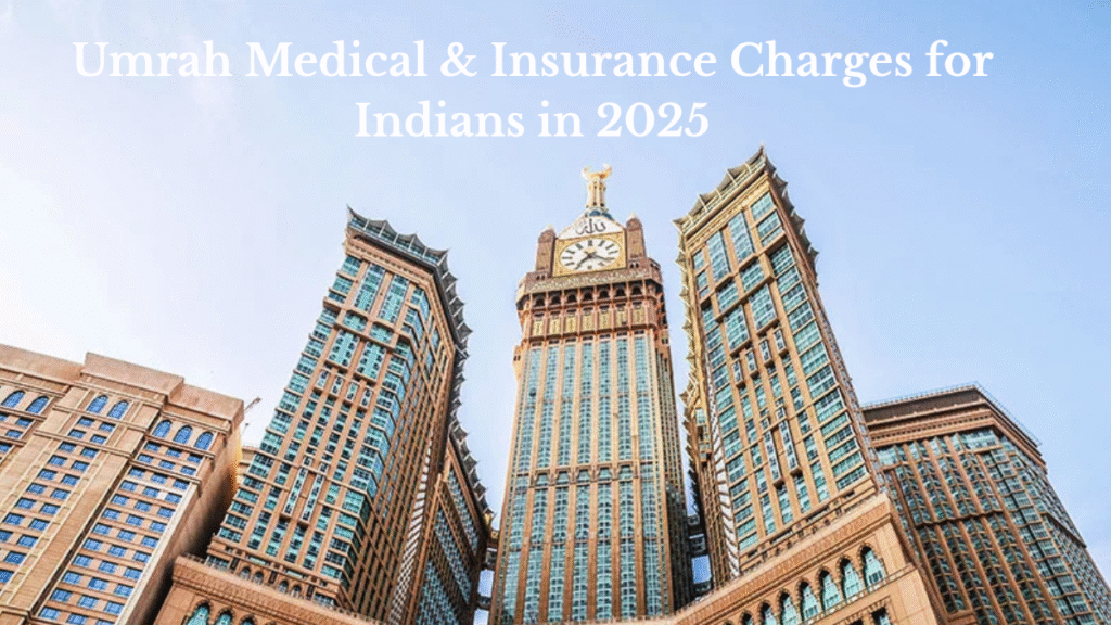 The image displays the Clock Tower in Mecca, with the text ‘Umrah Medical and Insurance Costs for Indians 2025’ written on it.